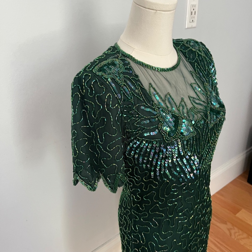 Denise Elle Vintage 80s Black Beaded Sequin Silk Cocktail Jagged Hem Dress PS - Picture 5 of 13